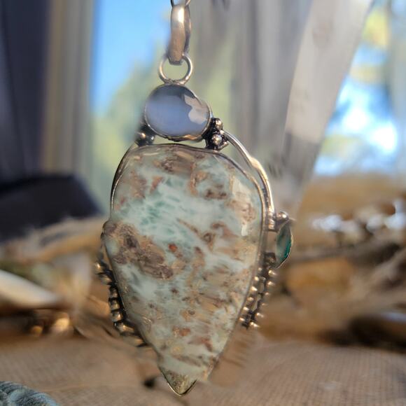 Larimar Blue Topaz Pendant Sterling Silver, Handmade Ocean-Inspired Jewelry - Picture 3 of 10
